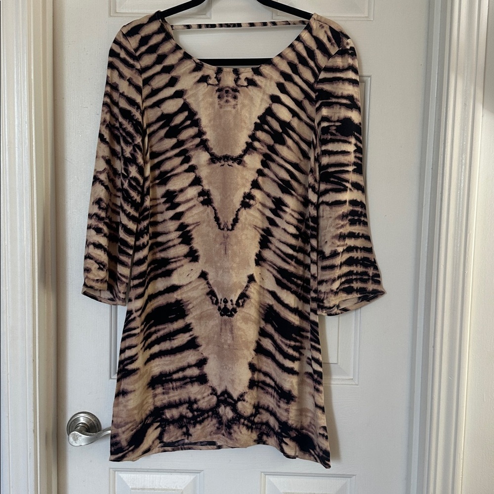 Billabong Gypsy Daze Mini Dress small tie dye long sleeve boho tan black - Picture 2 of 6
